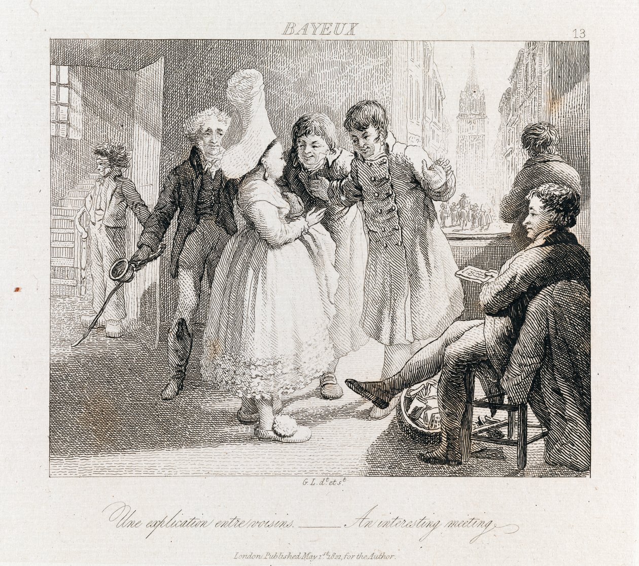 Intressant möte - Bayeux, ca 1821 (etsning) av George Robert Lewis