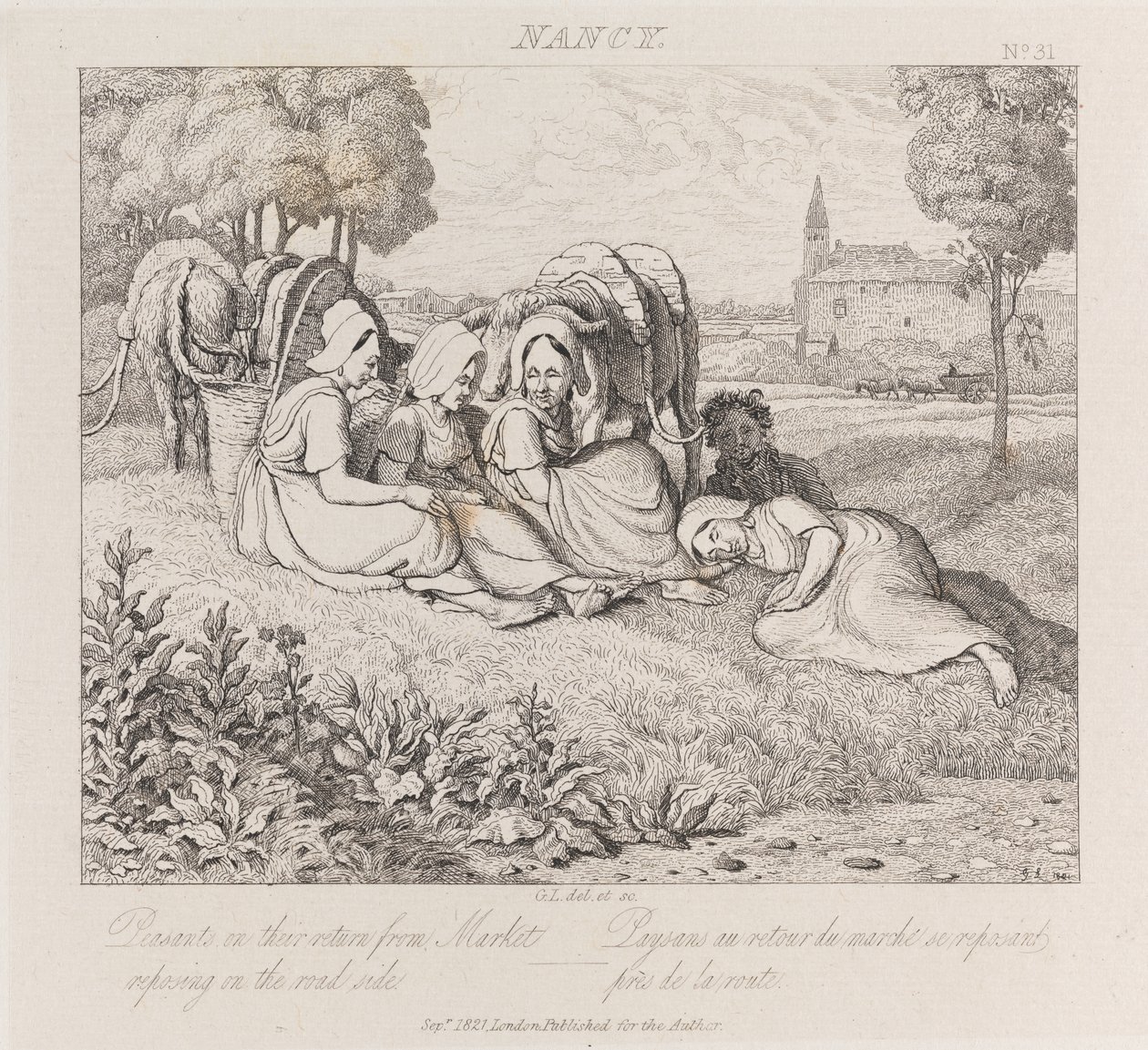 Bönder som återvänder från marknaden, Nancy, c.1821 (etsning) av George Robert Lewis