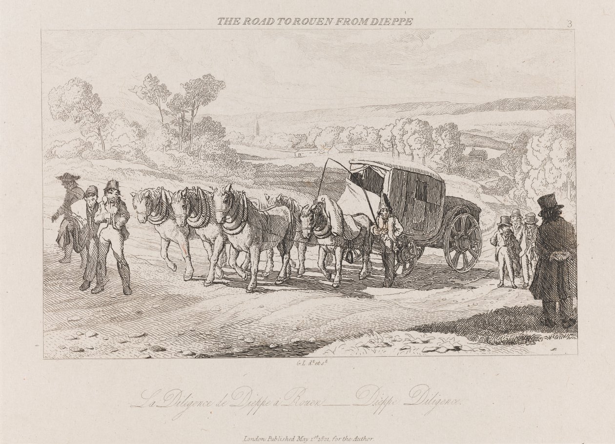Vägen till Rouen från Dieppe, Diligence, ca. 1821 (etsning) av George Robert Lewis