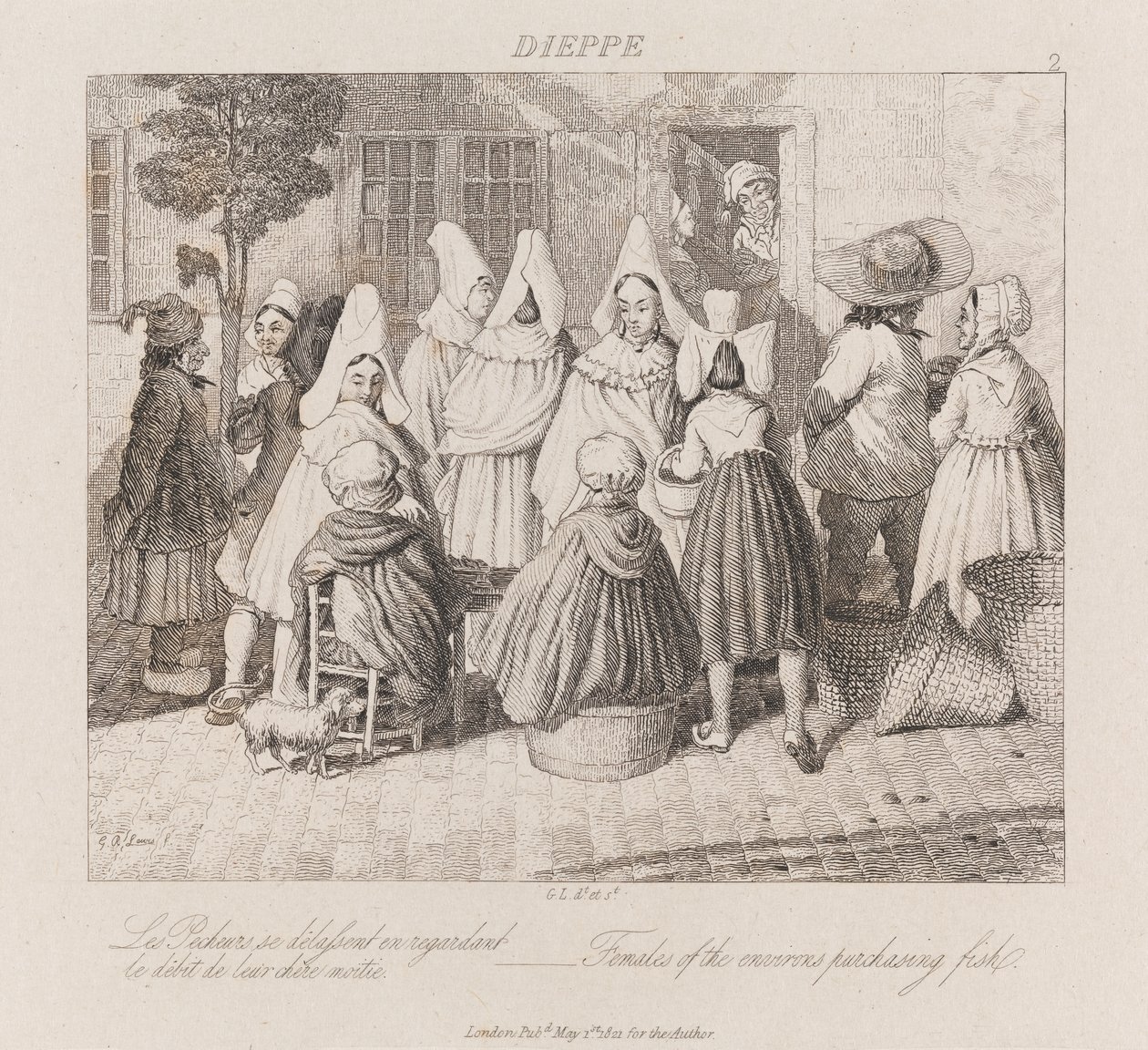 Kvinnor som köper fisk, Dieppe, ca 1821 (etsning) av George Robert Lewis