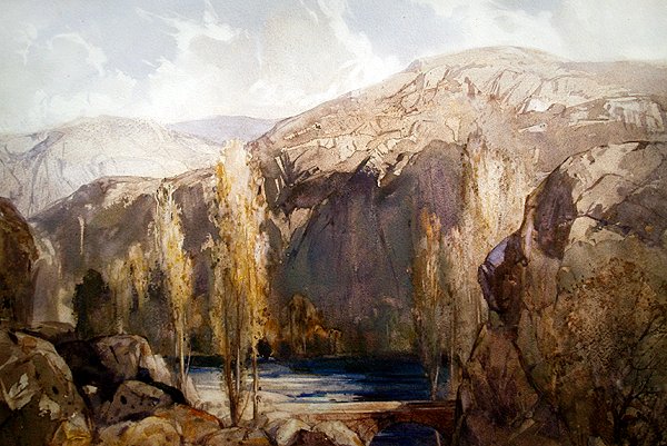 En flod som rinner genom en klippig ravin (akvarell på papper) av George Robert Rushton