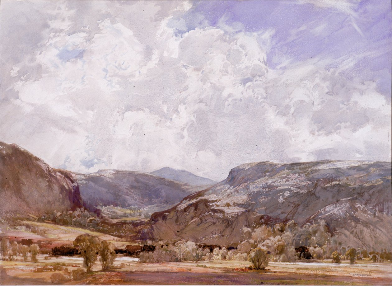 Conwy Valley - Midday (kroppsfärg på papper) av George Robert Rushton