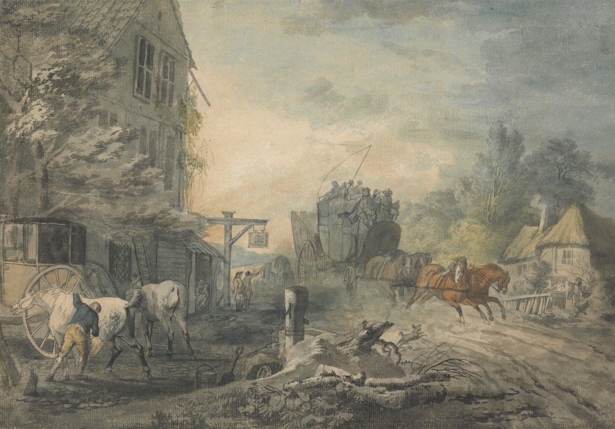 En diligens och fyra rusar genom en by på Bath-London Road av George Robertson