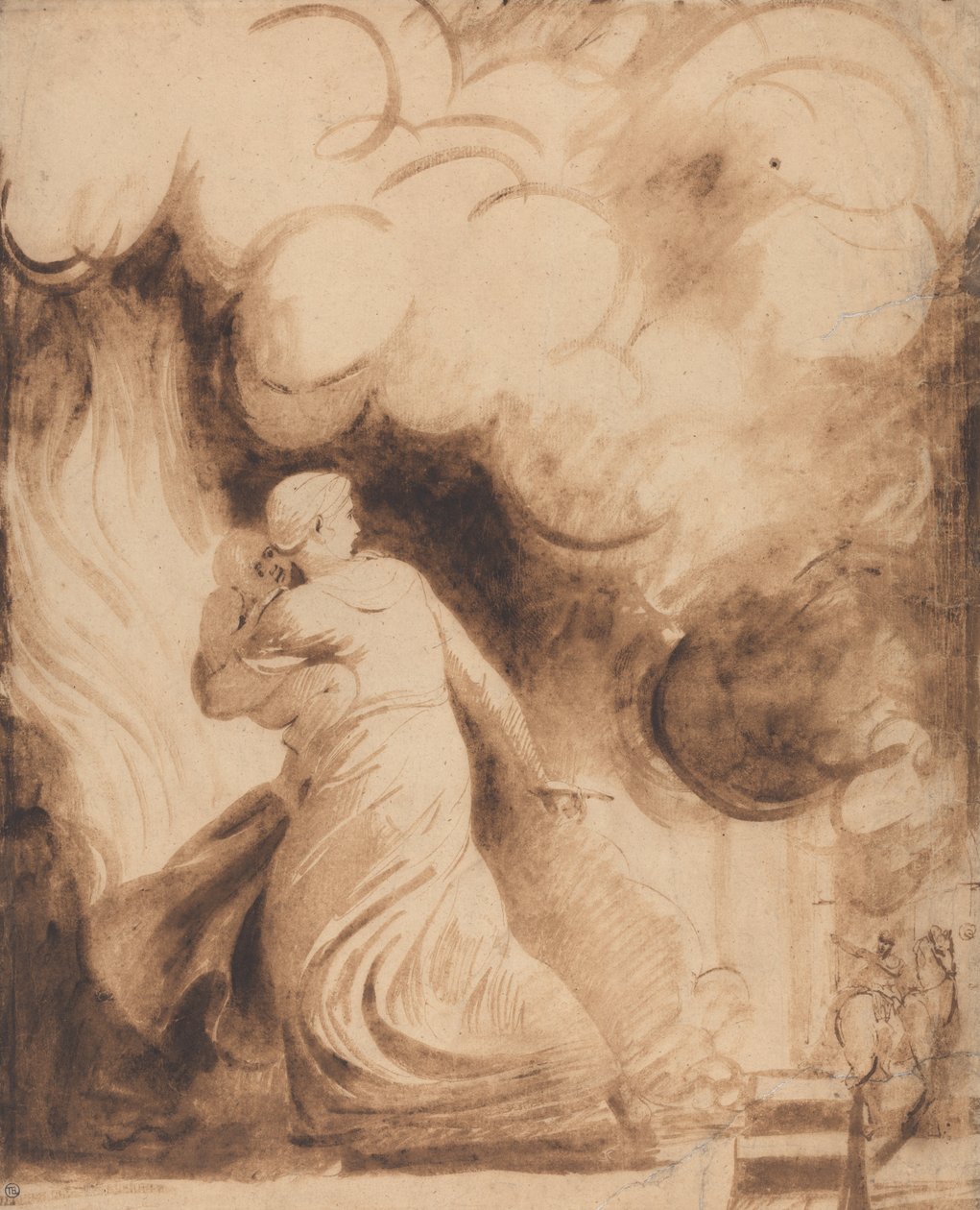En mor med sitt barn i famnen flyger över stadsmuren i en stad i lågor (Lady Hamilton som "Andromache" flyr från Trojas bränning; Elden) av George Romney