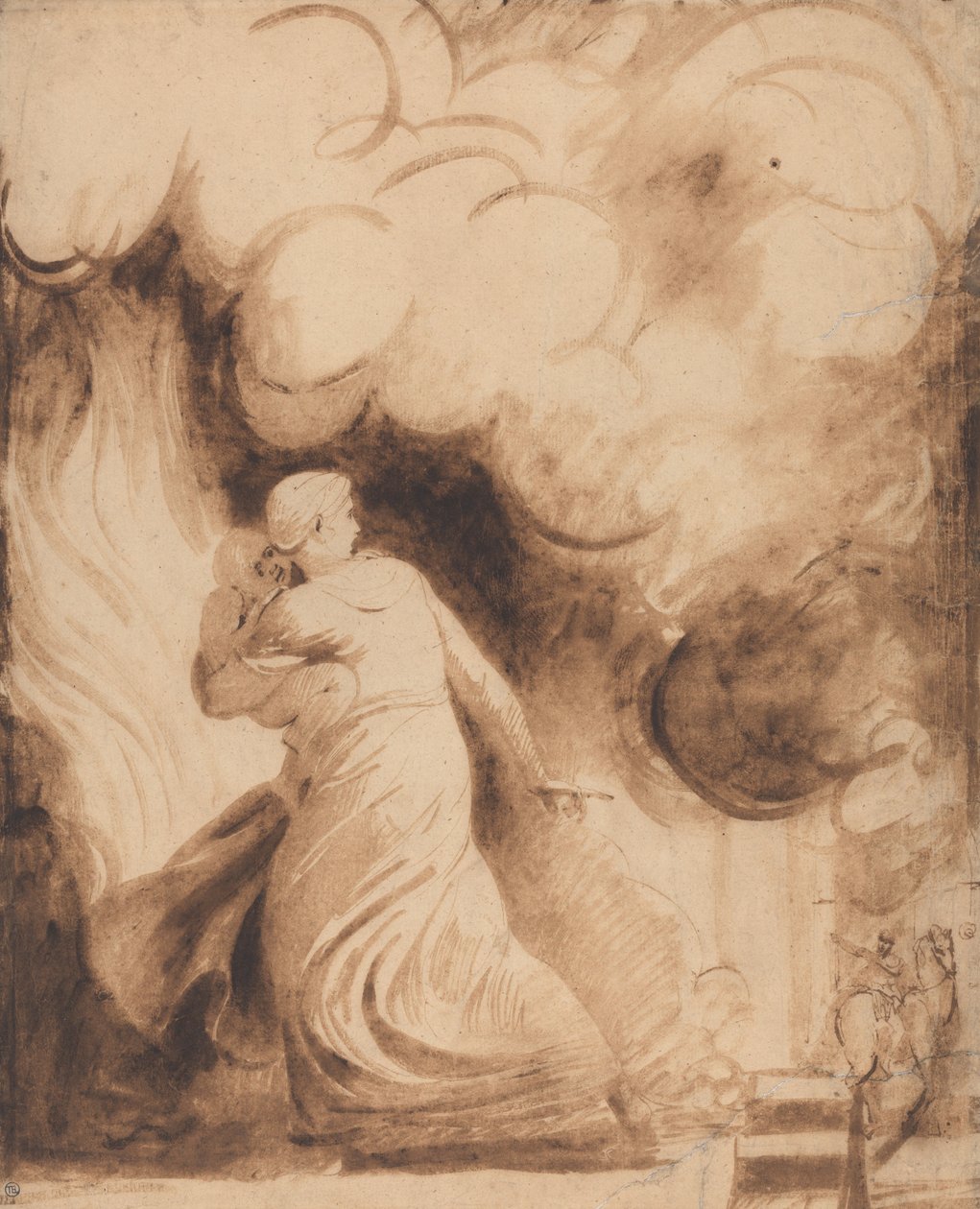 En mor med sitt barn i famnen som flyger över murarna i en stad i lågor av George Romney