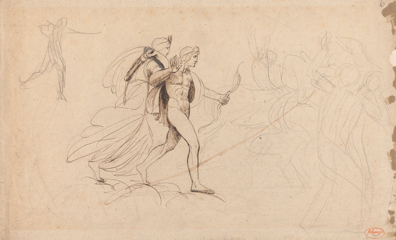 Apollo, Diana och ryttaren i ”Niobes barns död” av George Romney