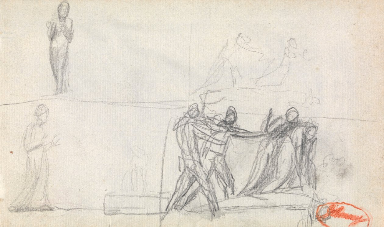 Gruppscen och två skisser av en stående figur av George Romney