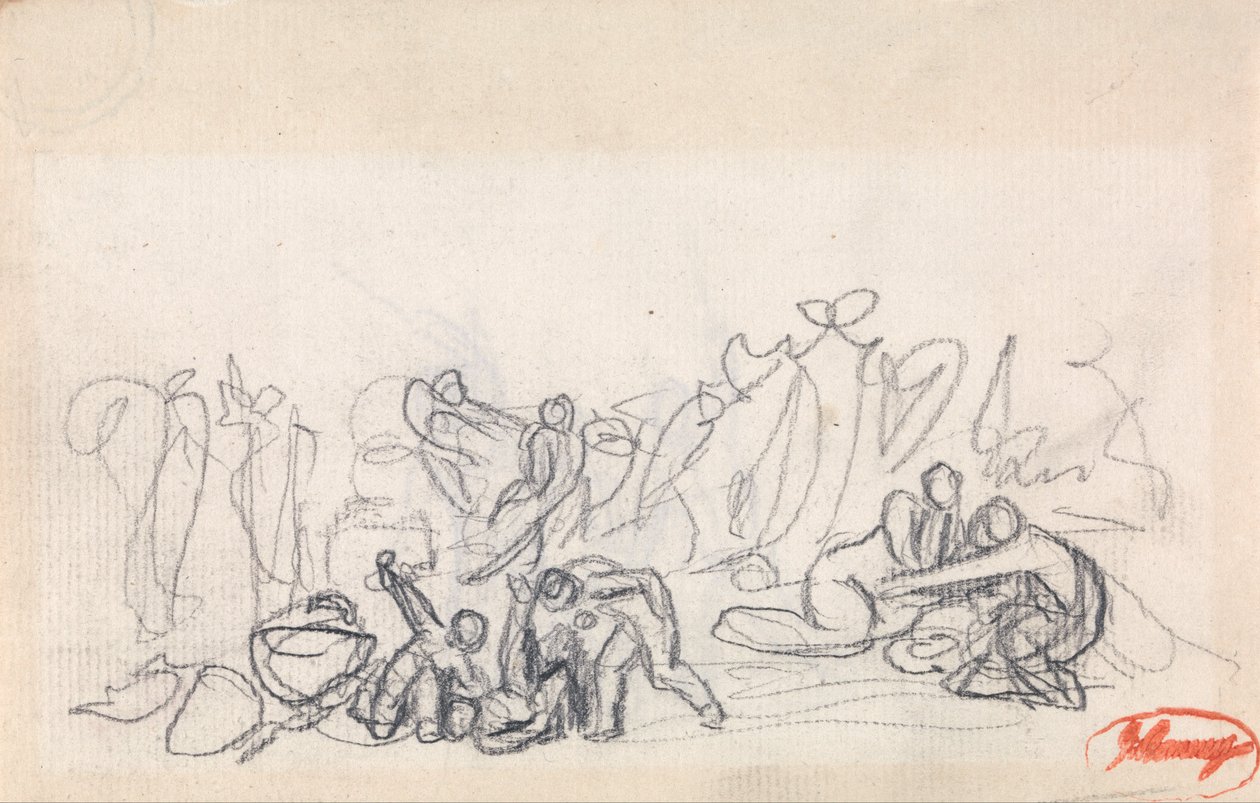 Grupp av figurer, möjligen kvinnor och barn som leker av George Romney