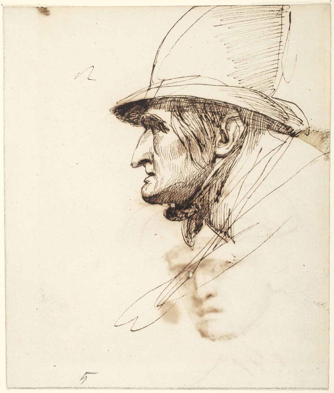 Huvud av en man i profil med en stor hatt av George Romney