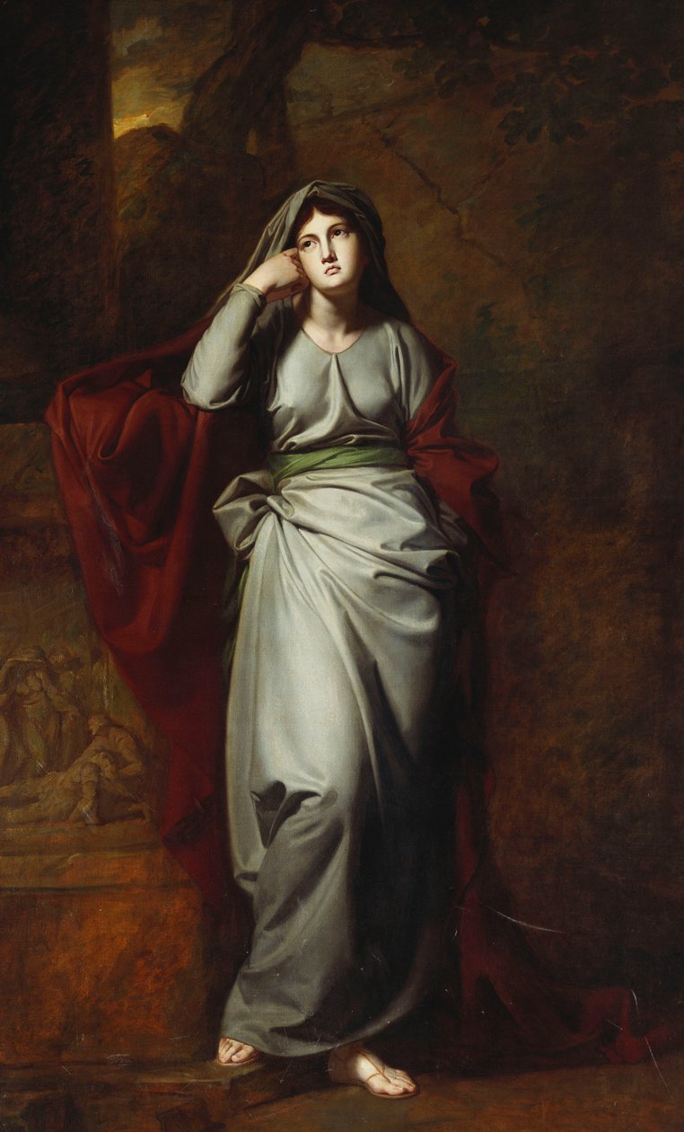 Il Penseroso, eller melankoli: en kvinnlig figur, i full längd, iklädd ljusgröna kläder, står i ett landskap, vilar sin vänstra armbåge på en piedestal med en klassisk fris, av George Romney