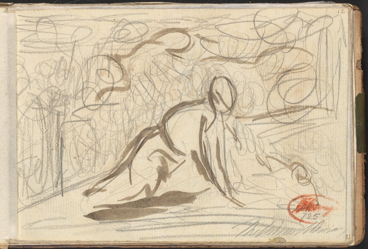 Knäböjande figur, omgiven av andra figurer av George Romney