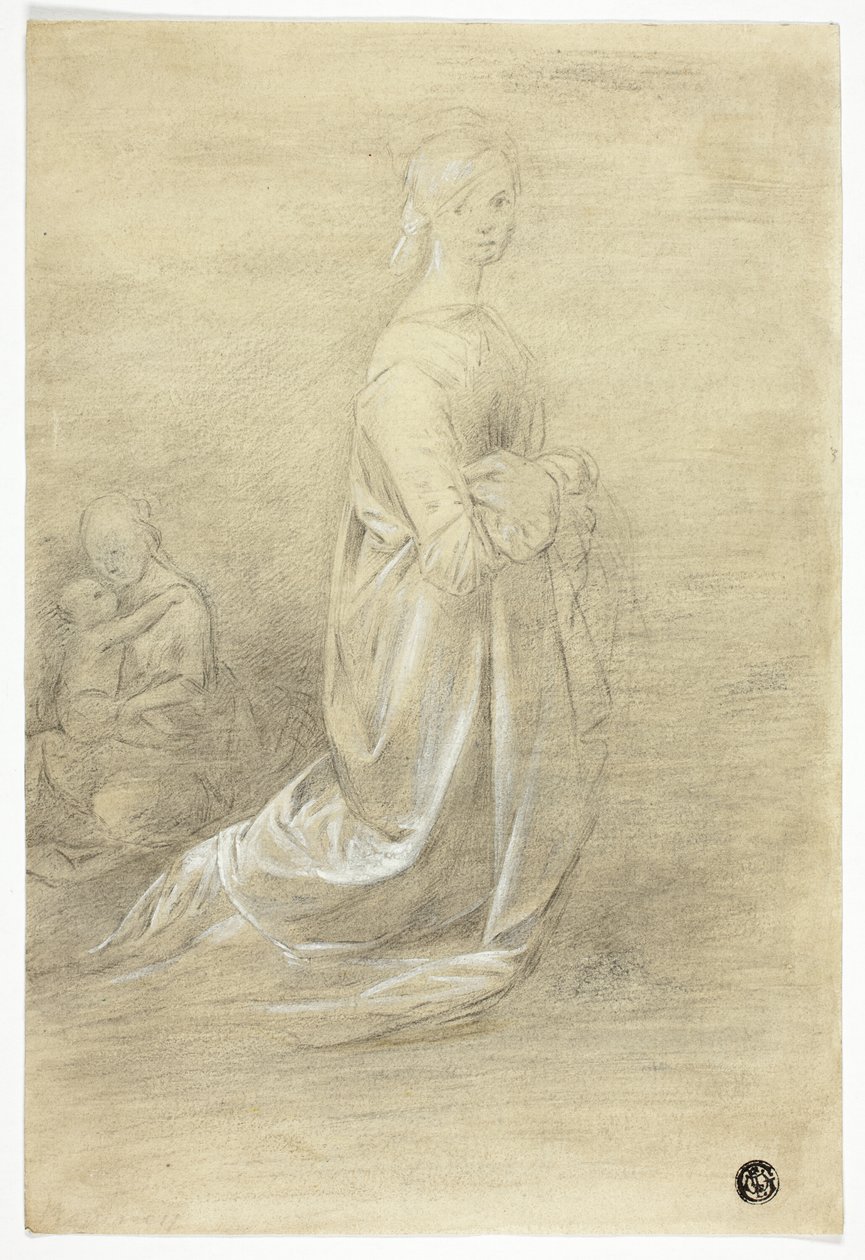 Knäböjande kvinna, sittande mor och barn av George Romney