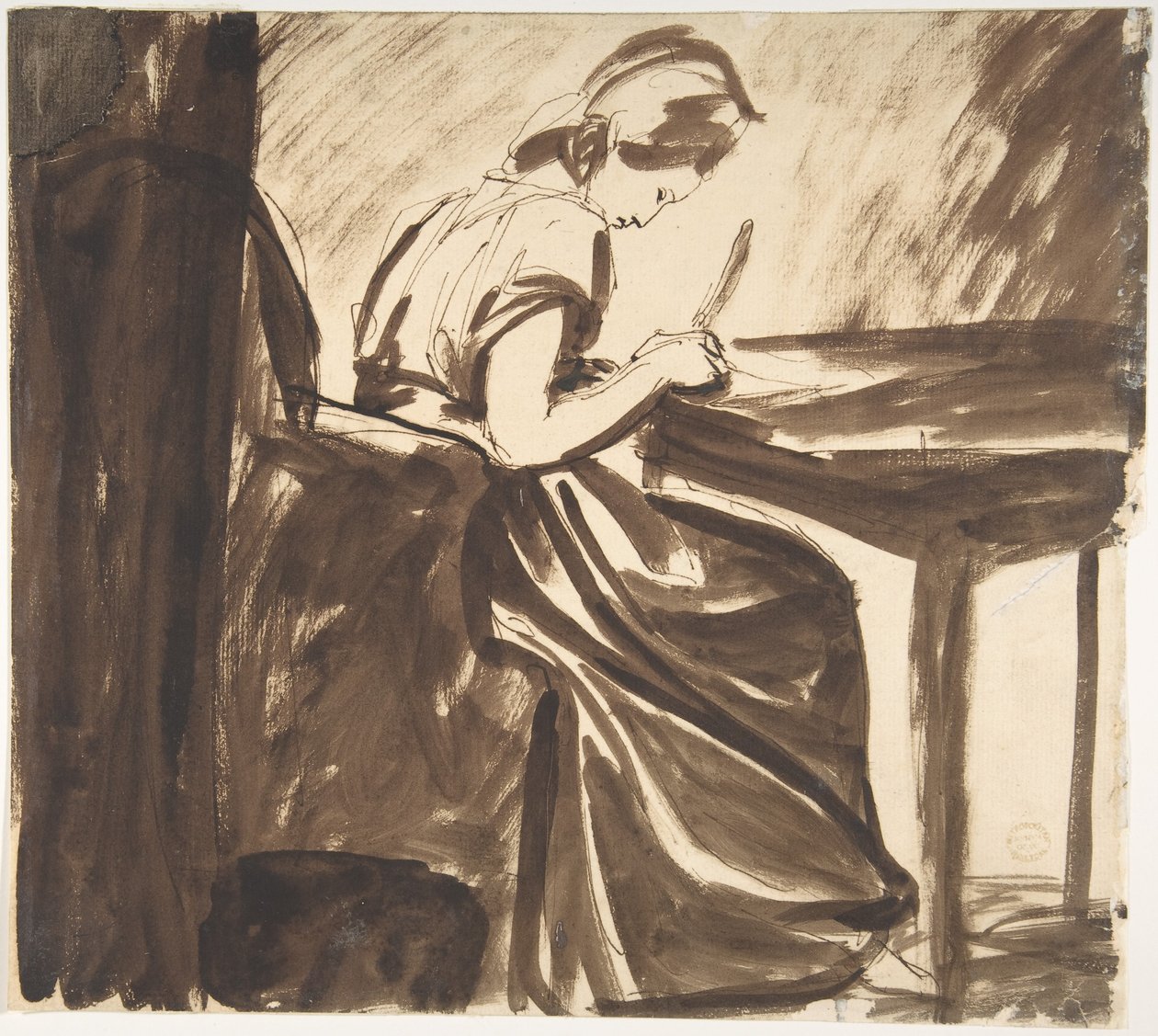 Kvinna sittande vid ett bord (framsidan); Dansande figurer (baksidan) av George Romney