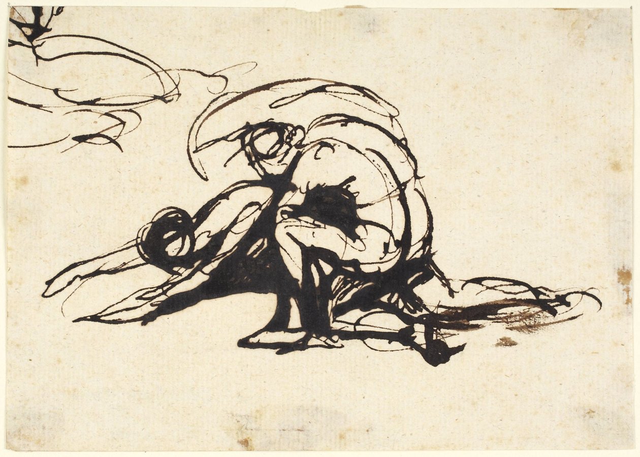 En naken figur som böjer sig över en fallande figur av George Romney