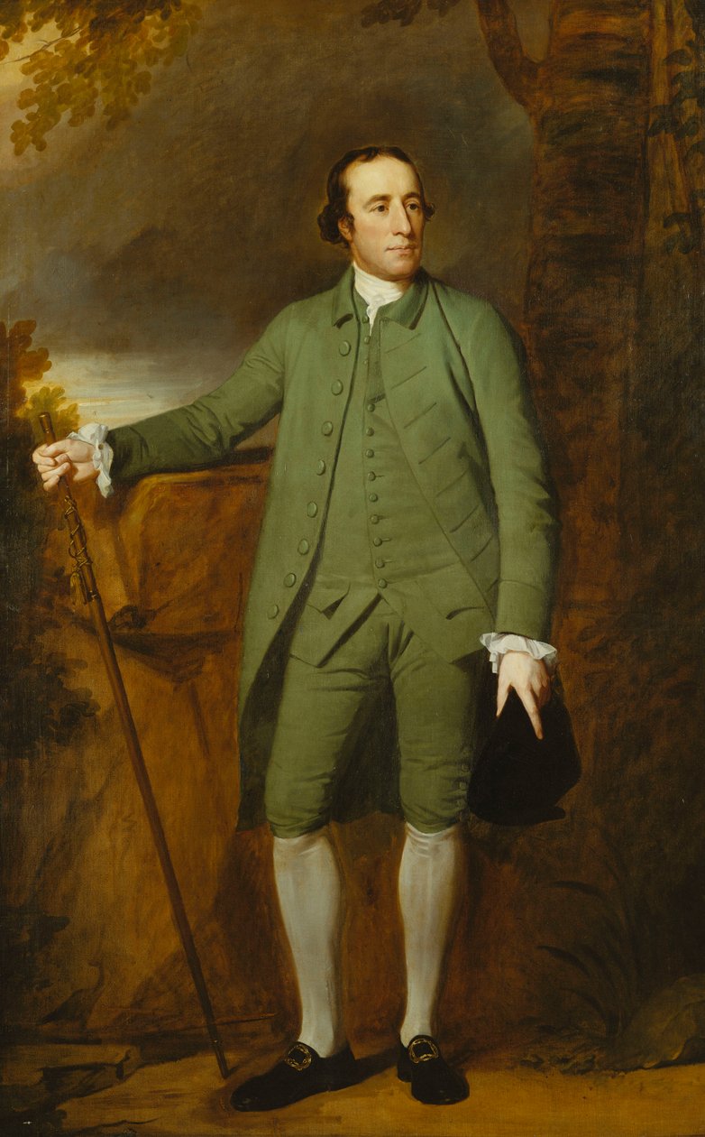 Porträtt av George Morewood, stående i full längd, i en grön kappa, väst och byxor, håller en hatt i vänster hand, en käpp i höger, av George Romney