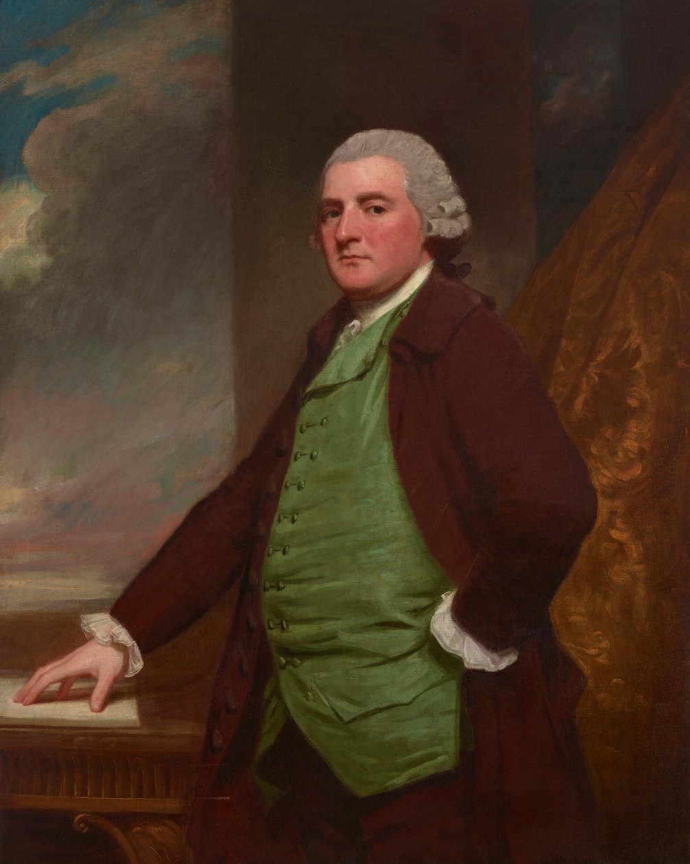 Porträtt av James Cross från Clifton, Bristol (1739-1791), i trekvartslängd, vid ett bord med ett landskap bakom av George Romney