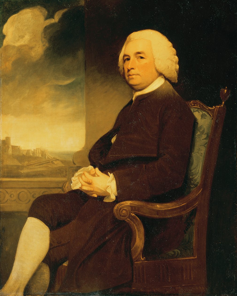 Porträtt av Michael Russell, sittande, med Dover Castle bortom (olja på duk) av George Romney