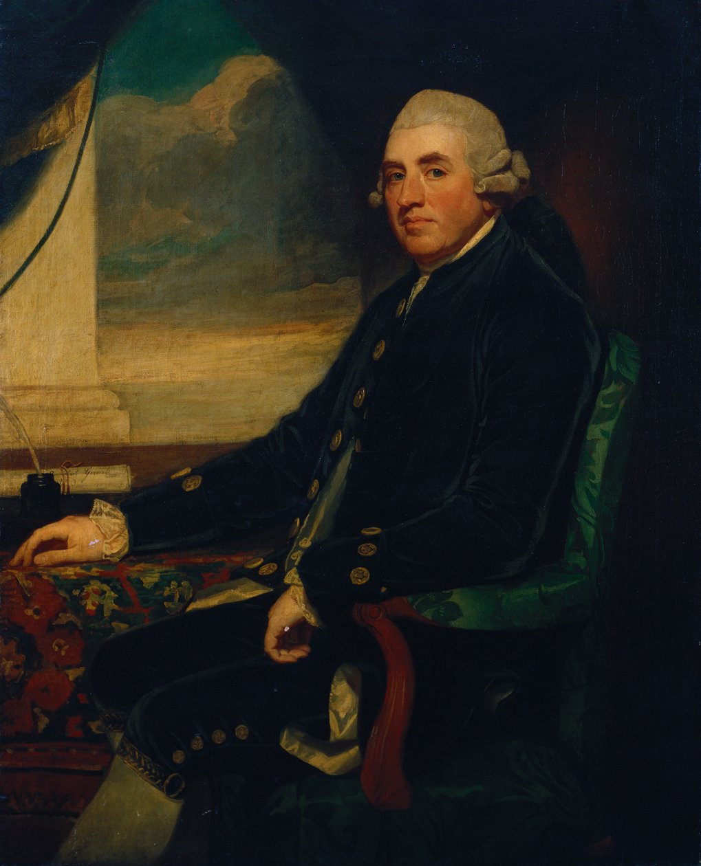 Porträtt av den förste earlen av Farnham, sittande, tre fjärdedels längd, vid ett öppet fönster av George Romney