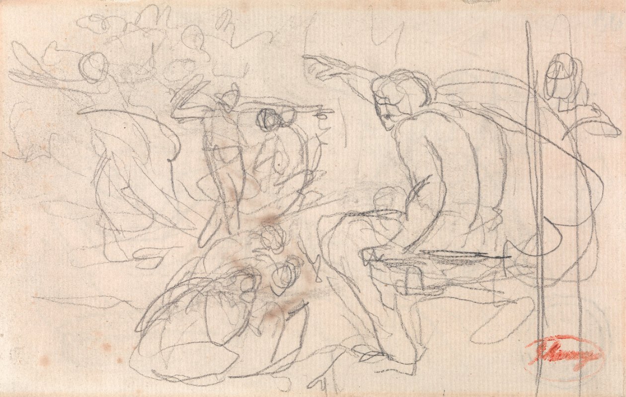 Sittande figur som avkunnar dom över en knästående figur av George Romney