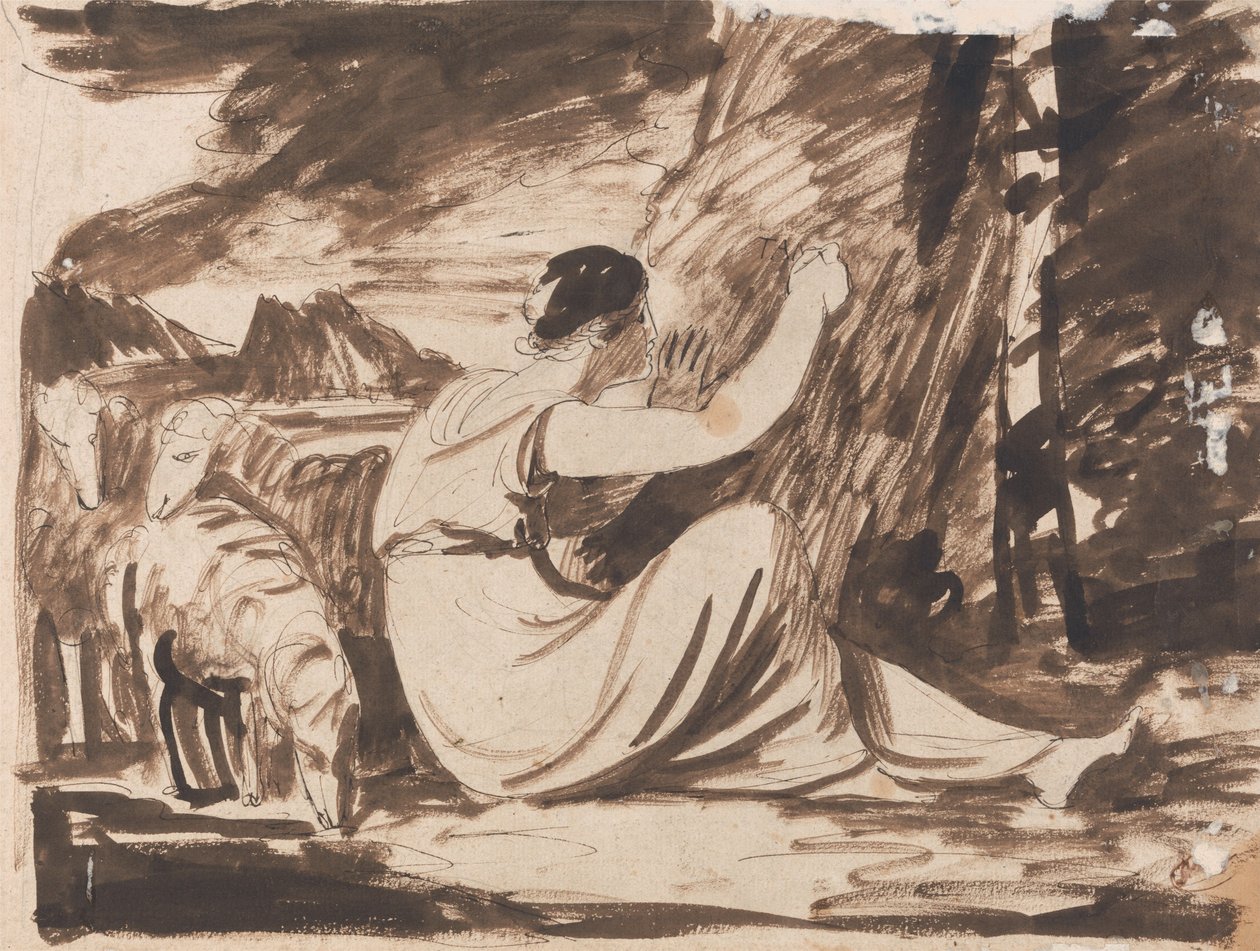En herdinna som ristar in en inskription på ett träd av George Romney