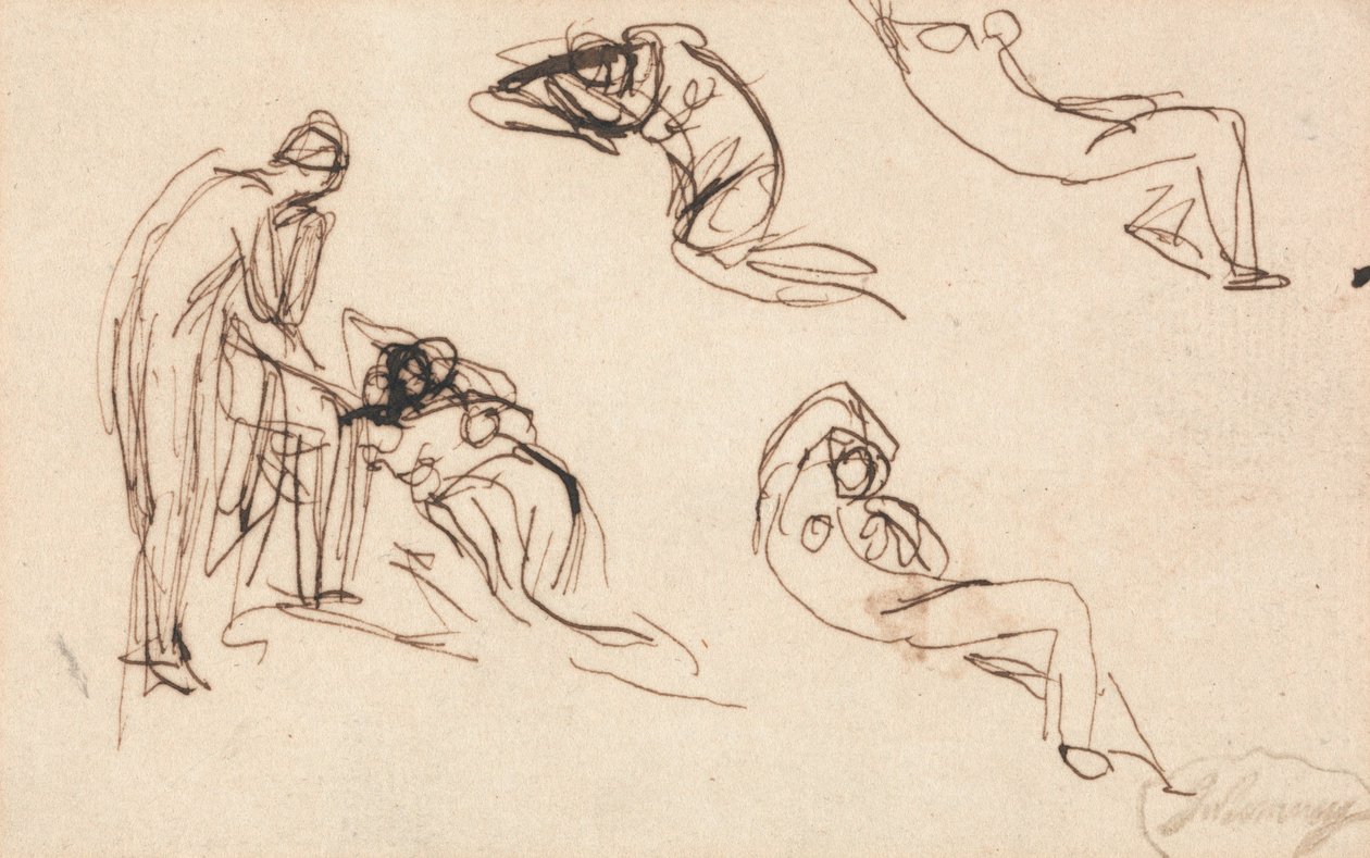 En stående figur och fyra liggande figurer av George Romney