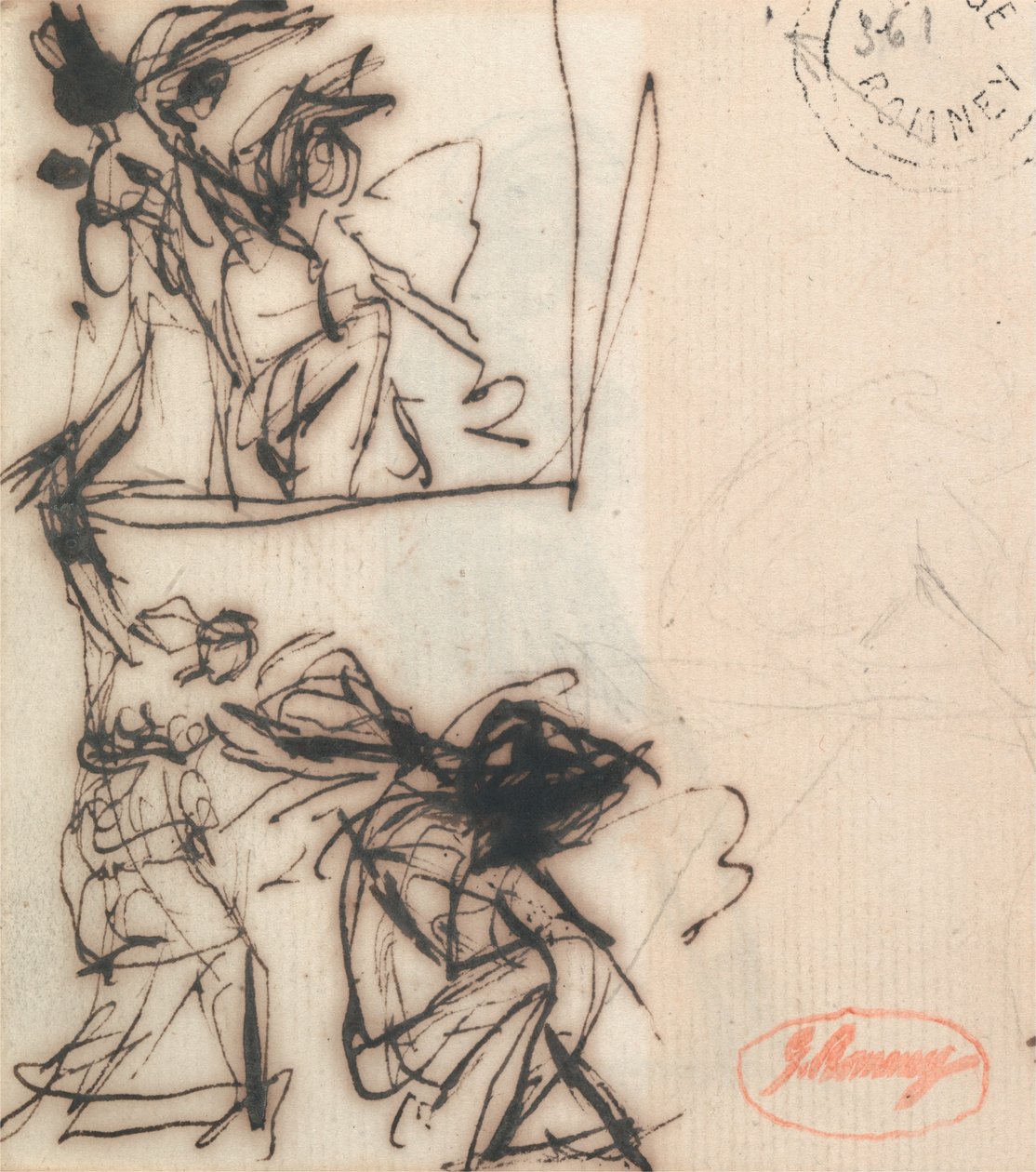 Stående figur med uppsträckt arm och sittande figur av George Romney