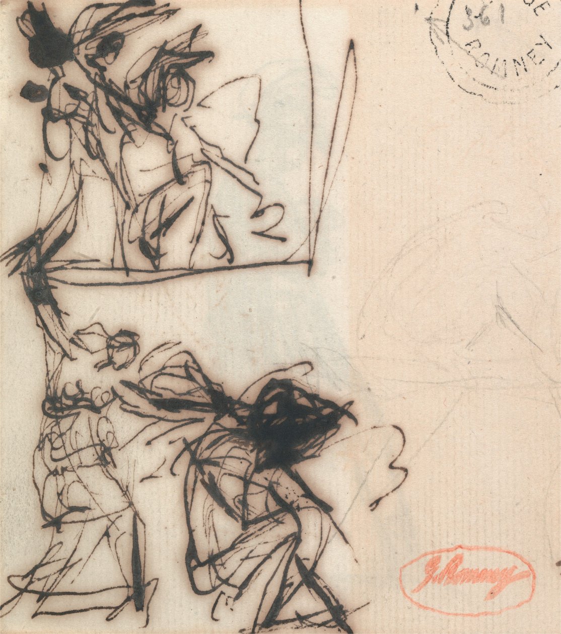 Stående figur med upplyft arm och sittande figur av George Romney