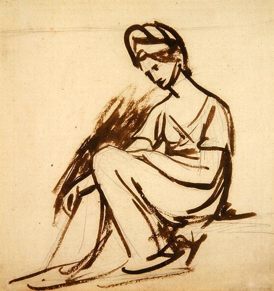 Studera för ett porträtt av en kvinna, sittande (brunt bläck över penna på papper) av George Romney