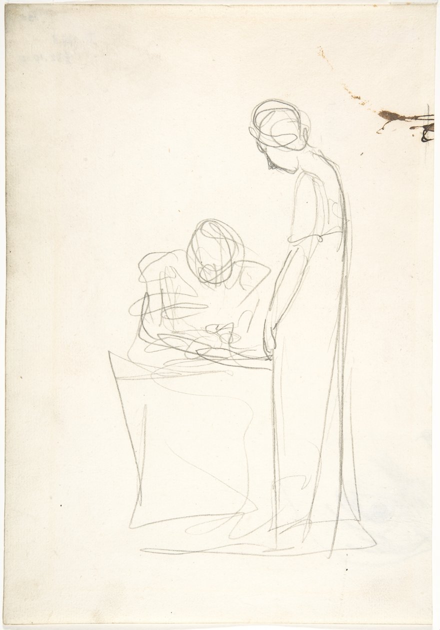 Studie av två figurer: den ena sittande, den andra stående (recto). Studie av ett uppåtblickande huvud (verso) av George Romney