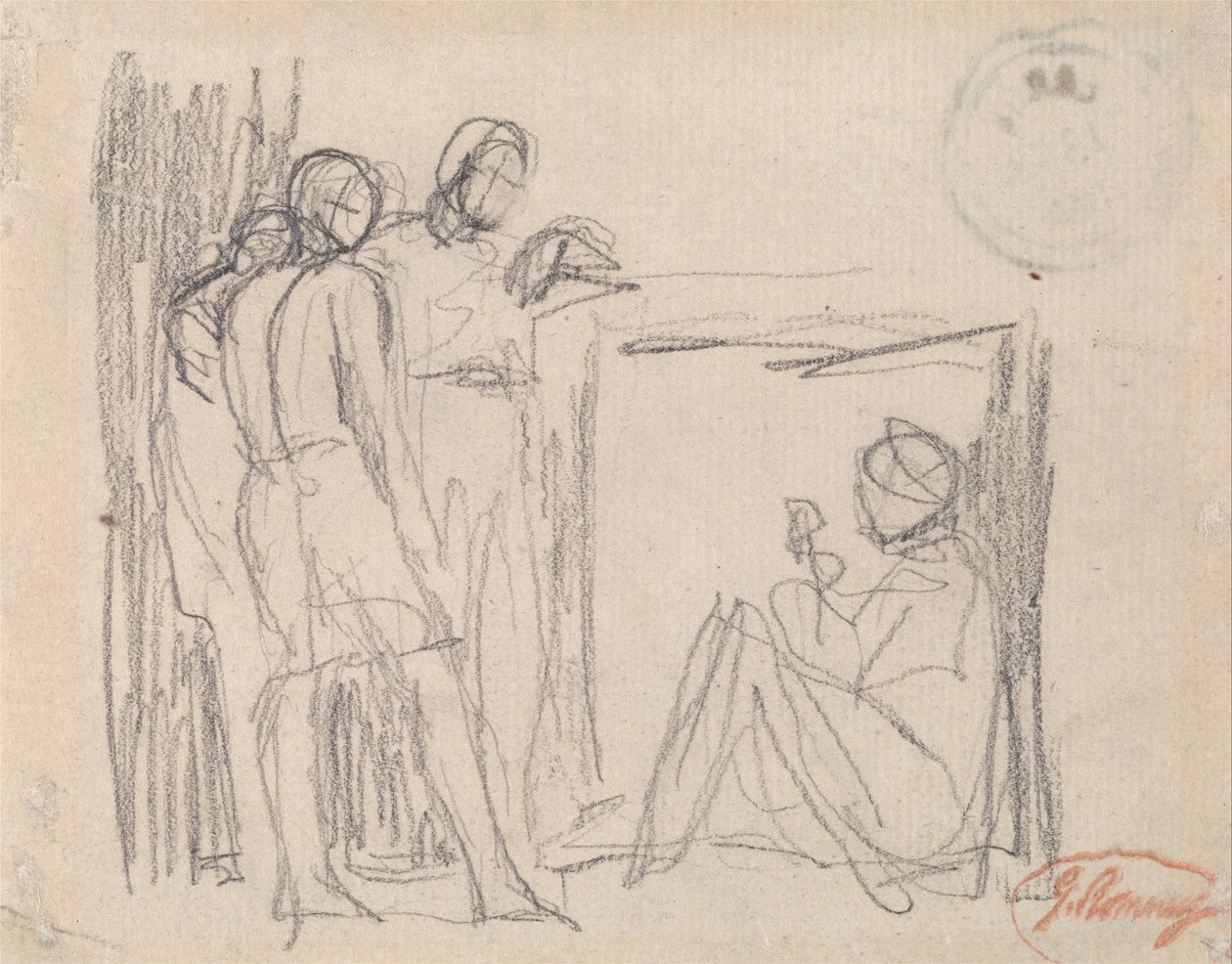 Tre stående figurer framför en sittande figur av George Romney