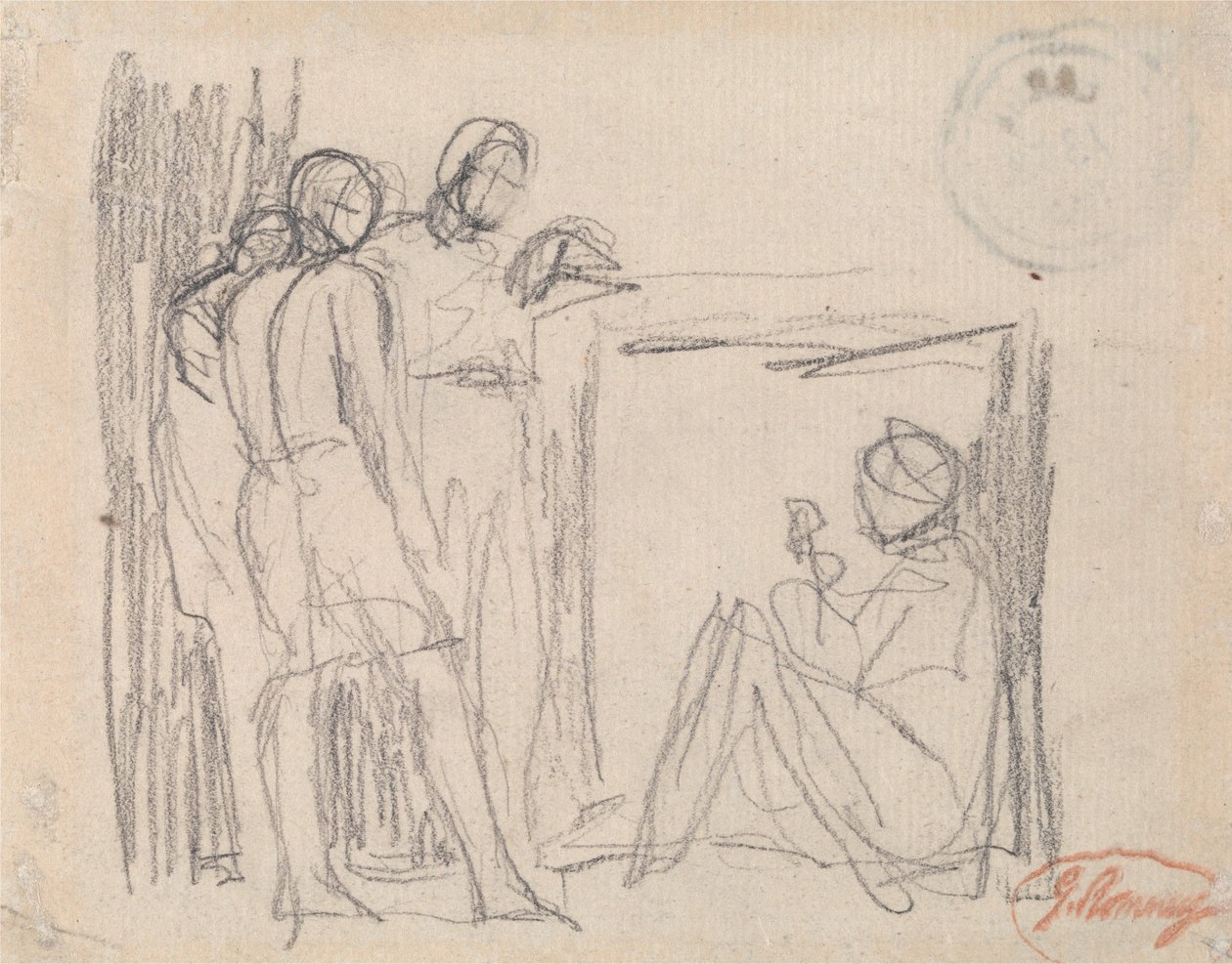 Tre stående figurer framför en sittande figur av George Romney