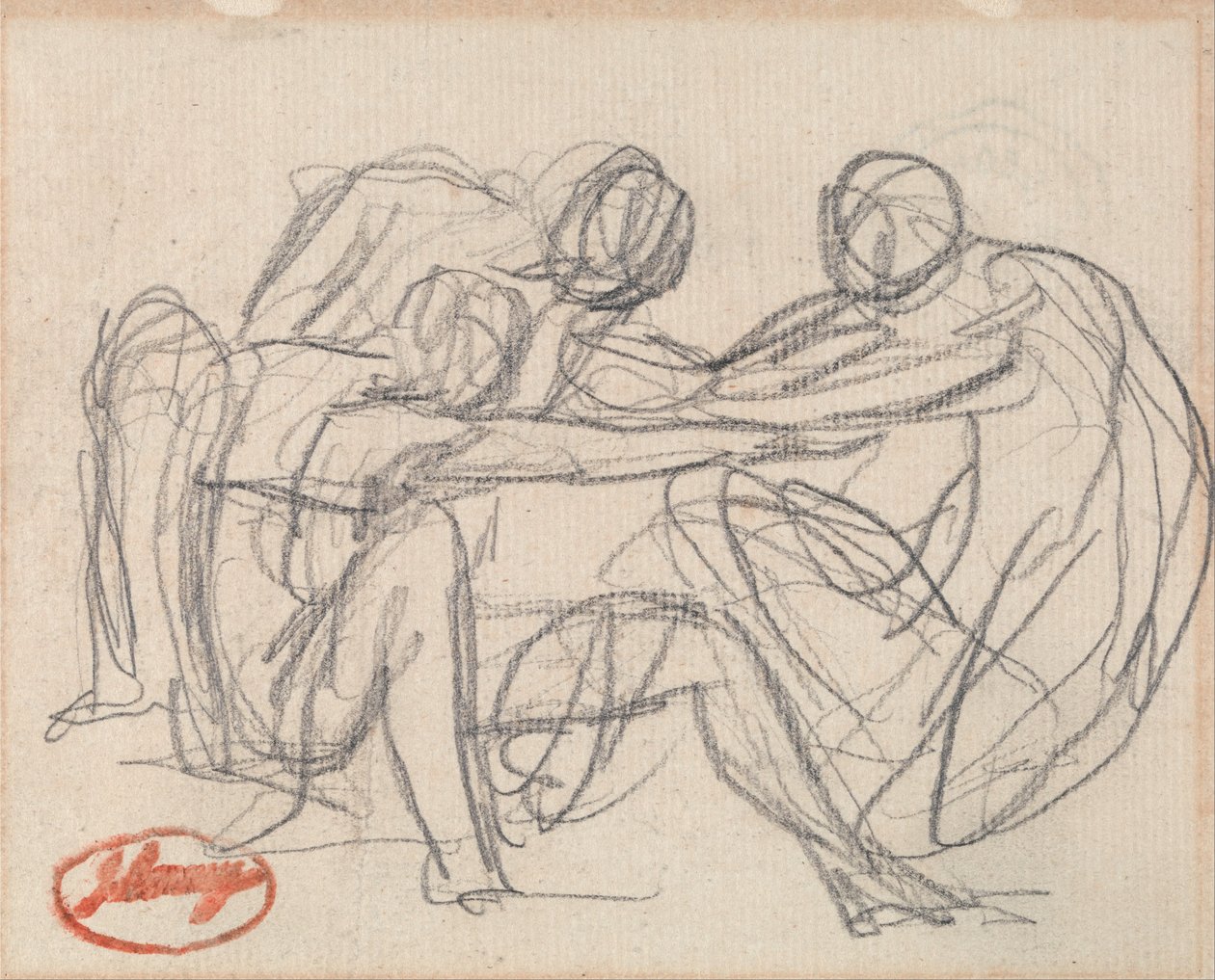 Två knäböjande figurer kämpar med en sittande figur av George Romney