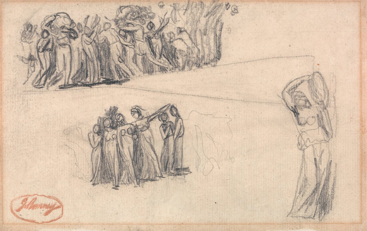 Två skisser av kvinnor och barn som flyr och stående kvinnofigur som spelar tamburin som för Lady Anne Leveson i "Dancing Gower Children" av George Romney
