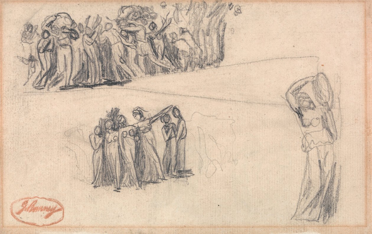 Två skisser av kvinnor och barn på flykt samt en stående kvinnogestalt som spelar tamburin, avsedd för Lady Anne Leveson i ”Dancing Gower Children” av George Romney