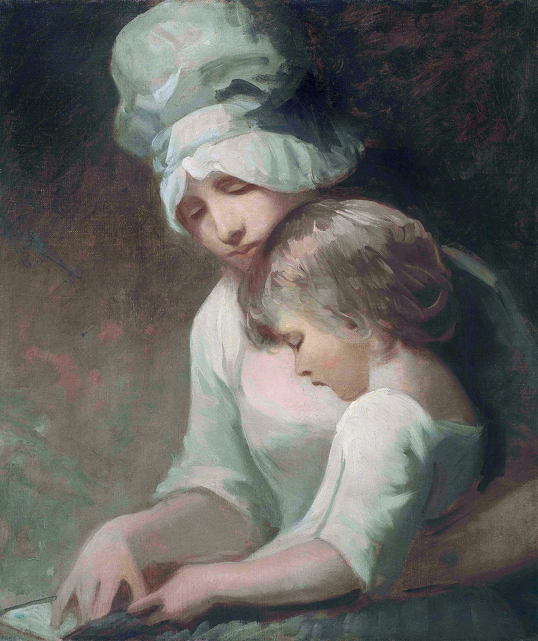 "A Mother and Child Reading" (A Mother and Child Reading) (Mrs Cumberland och hennes son) Målning av George Romney (1734-1802) - Olja på duk Dim 63,5x53,7 cm Privat samling av George Romney