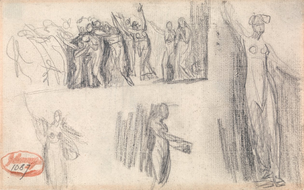 Kvinnor och barn flyr samt tre skisser av en stående kvinnofigur av George Romney