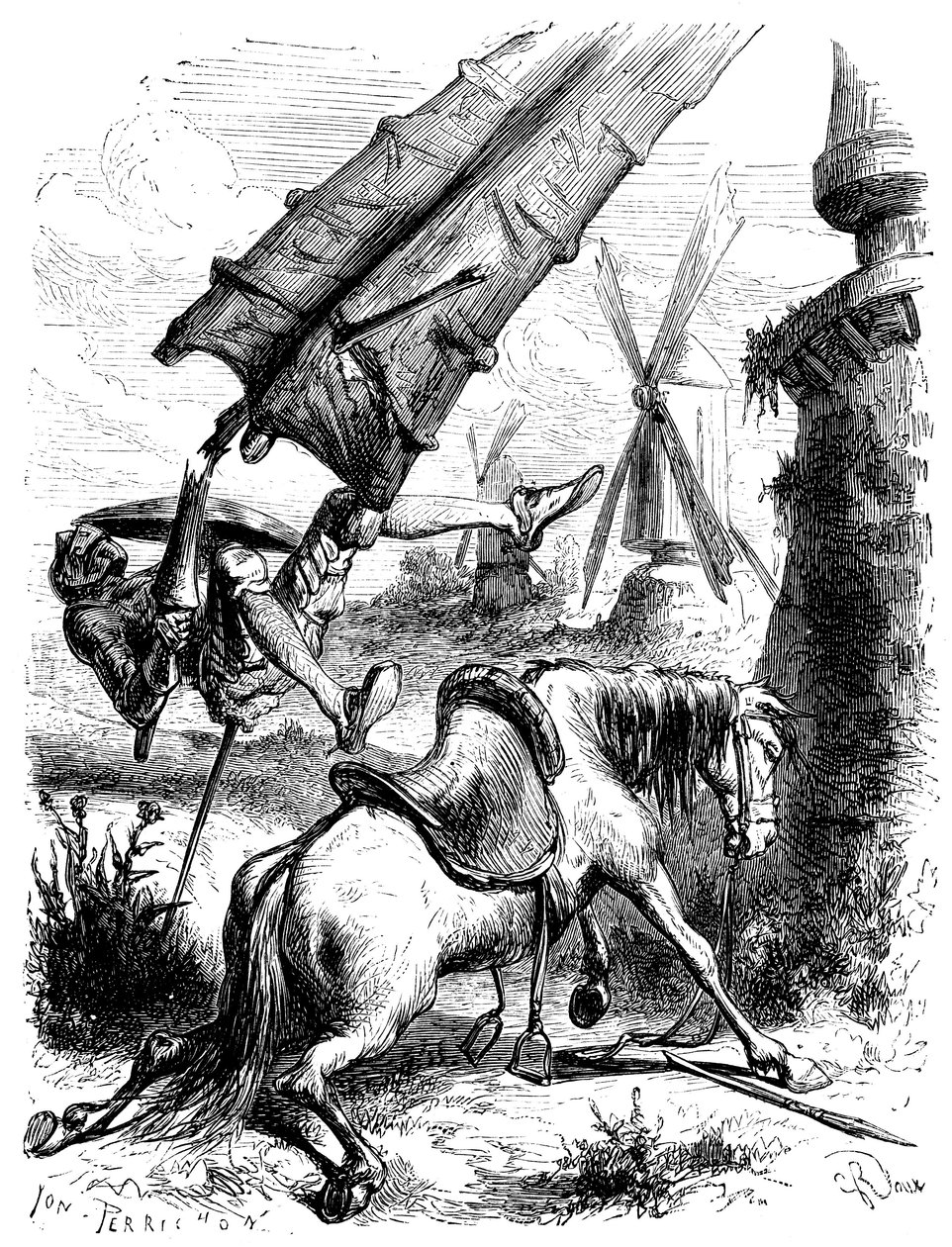 Kampen mot kvarnarna: Don Quijote och Rossinante kastas till marken av en kvarnvinge av George Roux