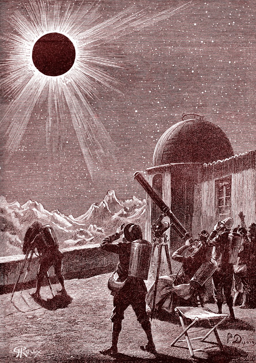 Utforskare i den afrikanska öknen tittar på förmörkelsen. 1888 (gravyr) av George Roux