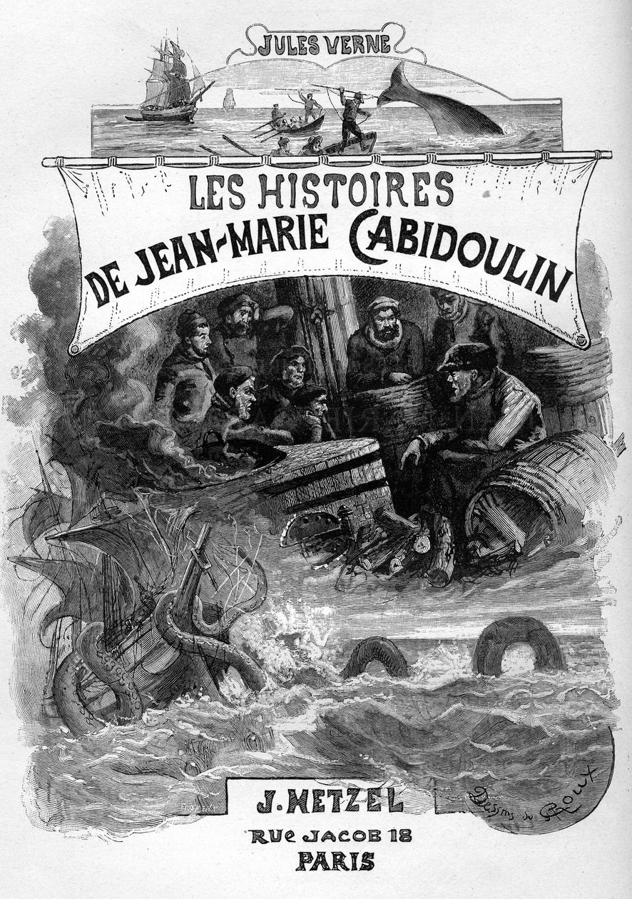 Frontispice till Jules Vernes roman "Les histoires de Jean-Marie Cabidoulin" (1901), Hetzel Collection/Extraordiaires, illustration av George Roux. "Framkallande av maritima scener: harpunering av en val, attack av ett fartyg av en sjöorm" av George Roux