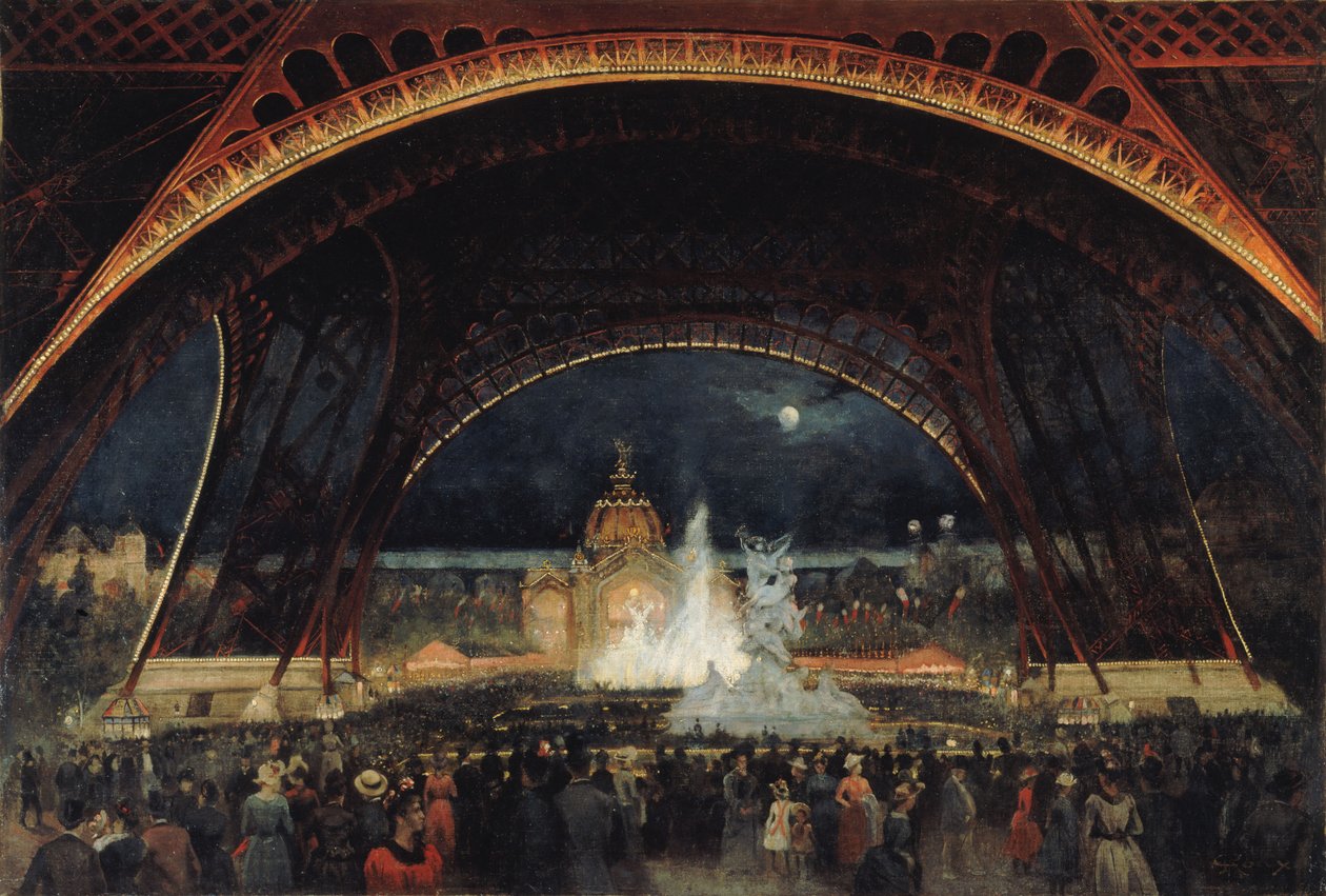 Nattfest på världsutställningen 1889, under Eiffeltornet, ca. 1889. av George Roux