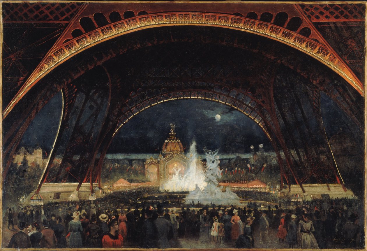Nattfest på världsutställningen 1889, under Eiffeltornet, ca 1889 (olja på duk) av George Roux