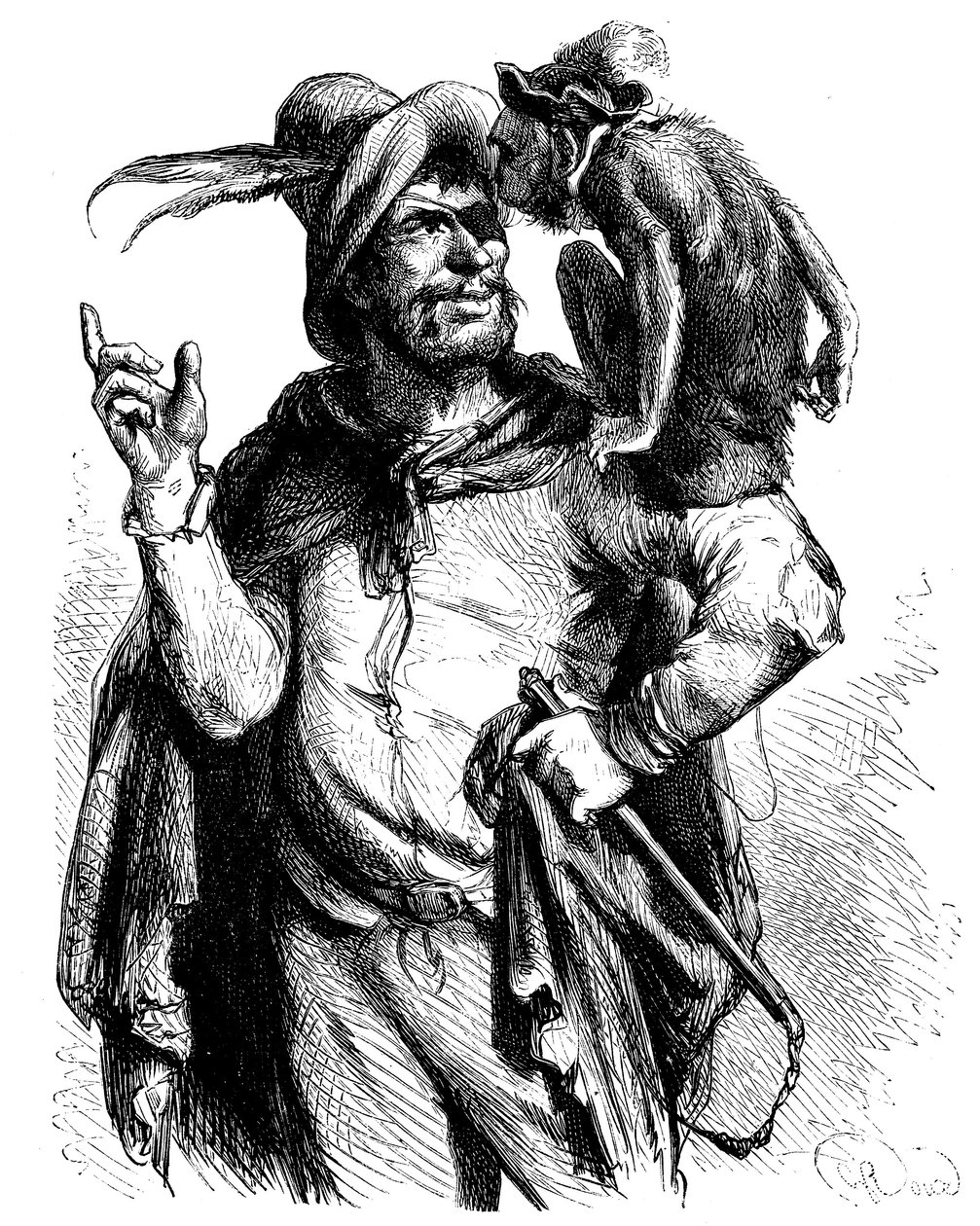 Illustration av George Roux (1853-1929) till Cervantes Don Quijote: Mäster Peter och hans apa - apan i litteraturen - av George Roux