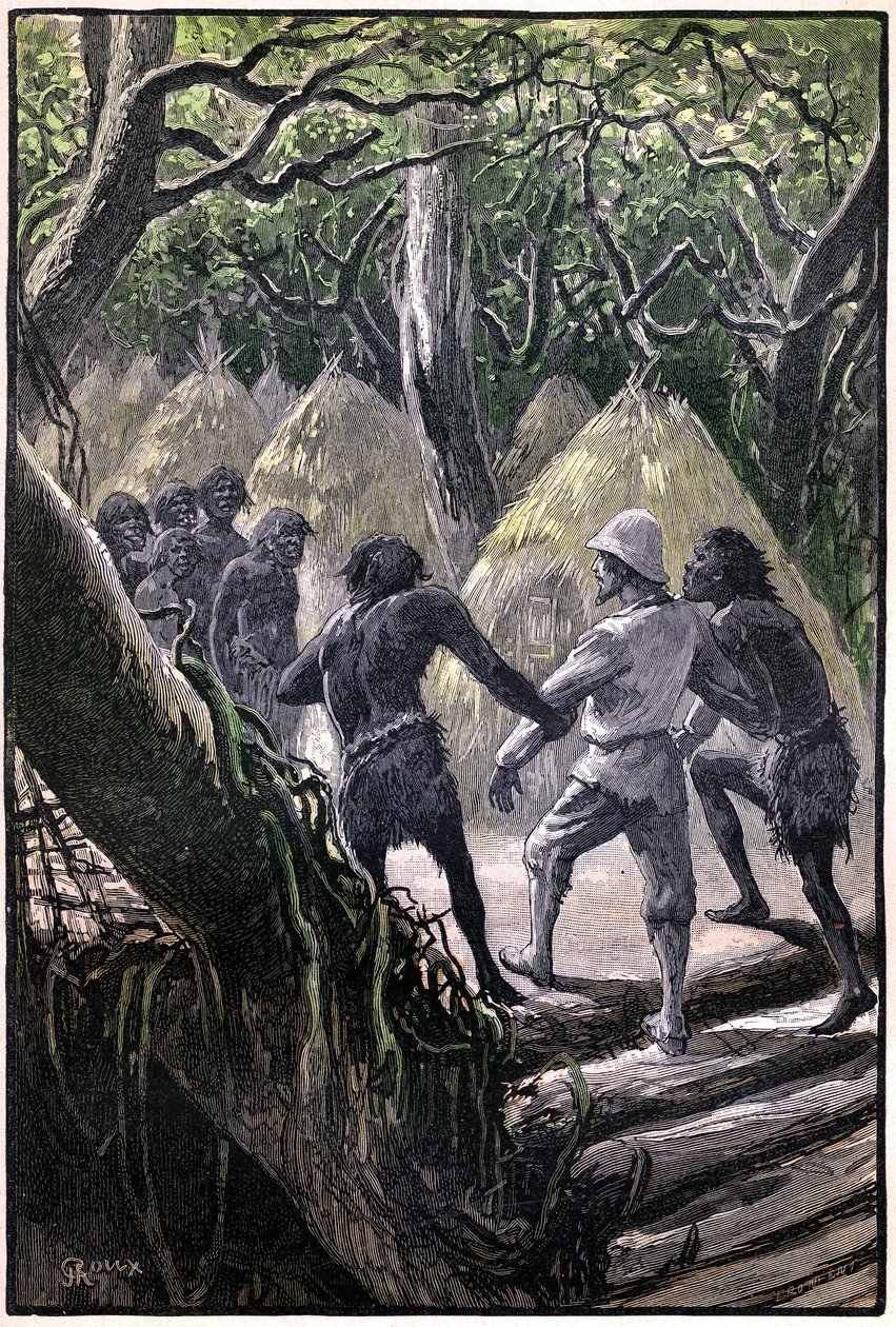 Illustration av George Roux till Jules Vernes bok "The Aerien Village" (1901), Hetzel edition/Extraordinary Voyages, Known and Unknown Worlds. Upptäcktsresenärernas ankomst till byn som är uppflugen i träden av Wagddis (apor i den kongolesiska skogen) av George Roux