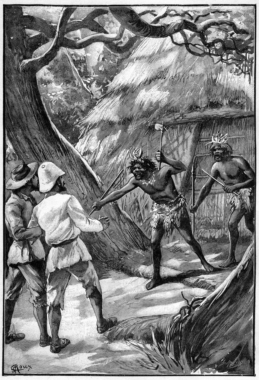 Illustration av George Roux till Jules Vernes bok The Aerien Village (1901), Hetzel edition/Extraordinary Voyages, Known and Unknown Worlds. Två Wagdiss Sentinels hotar upptäcktsresande med sina förgrenade vapen av George Roux