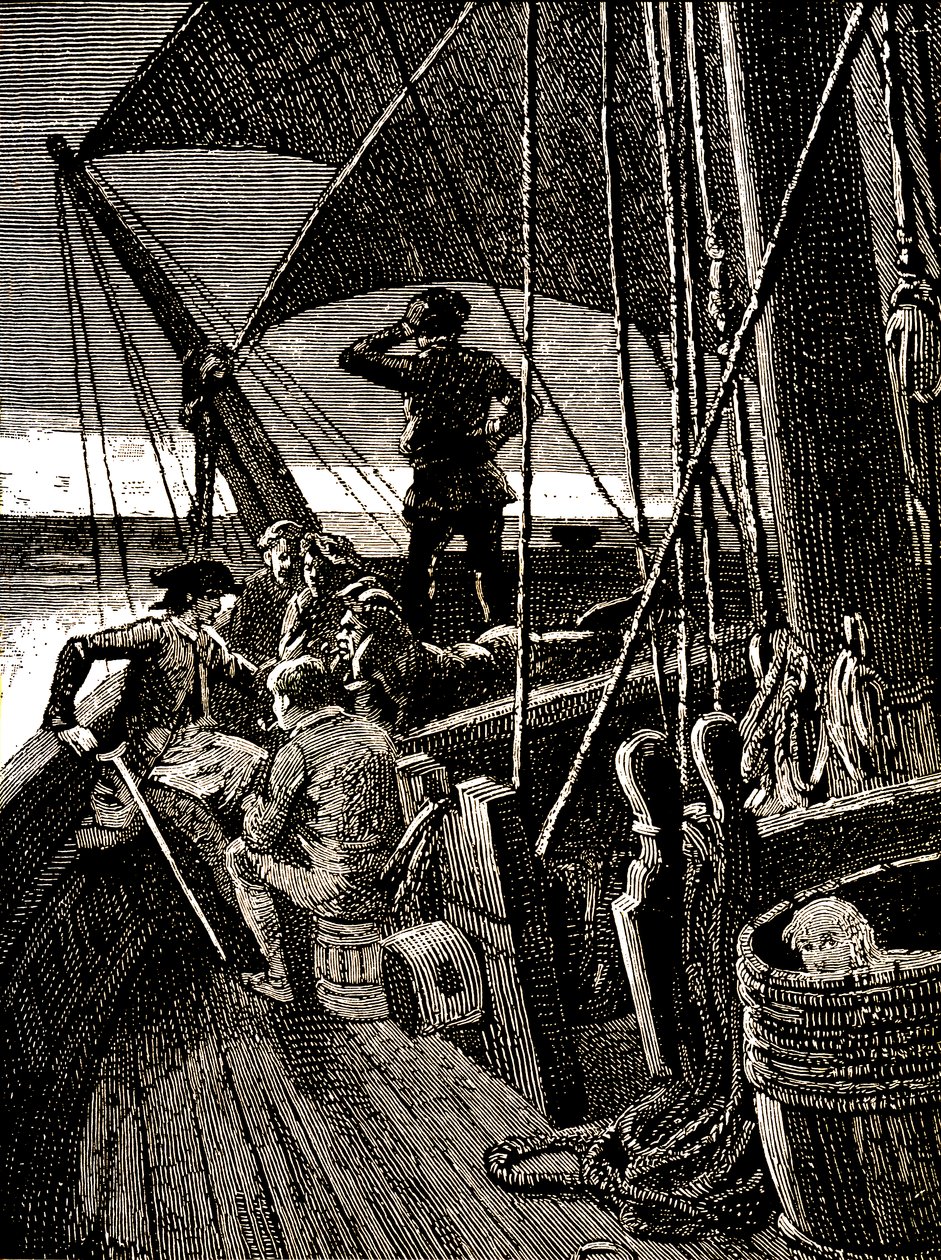 Jim Hawkins råkar höra ett samtal som avslöjar piratmyteriet av George Roux