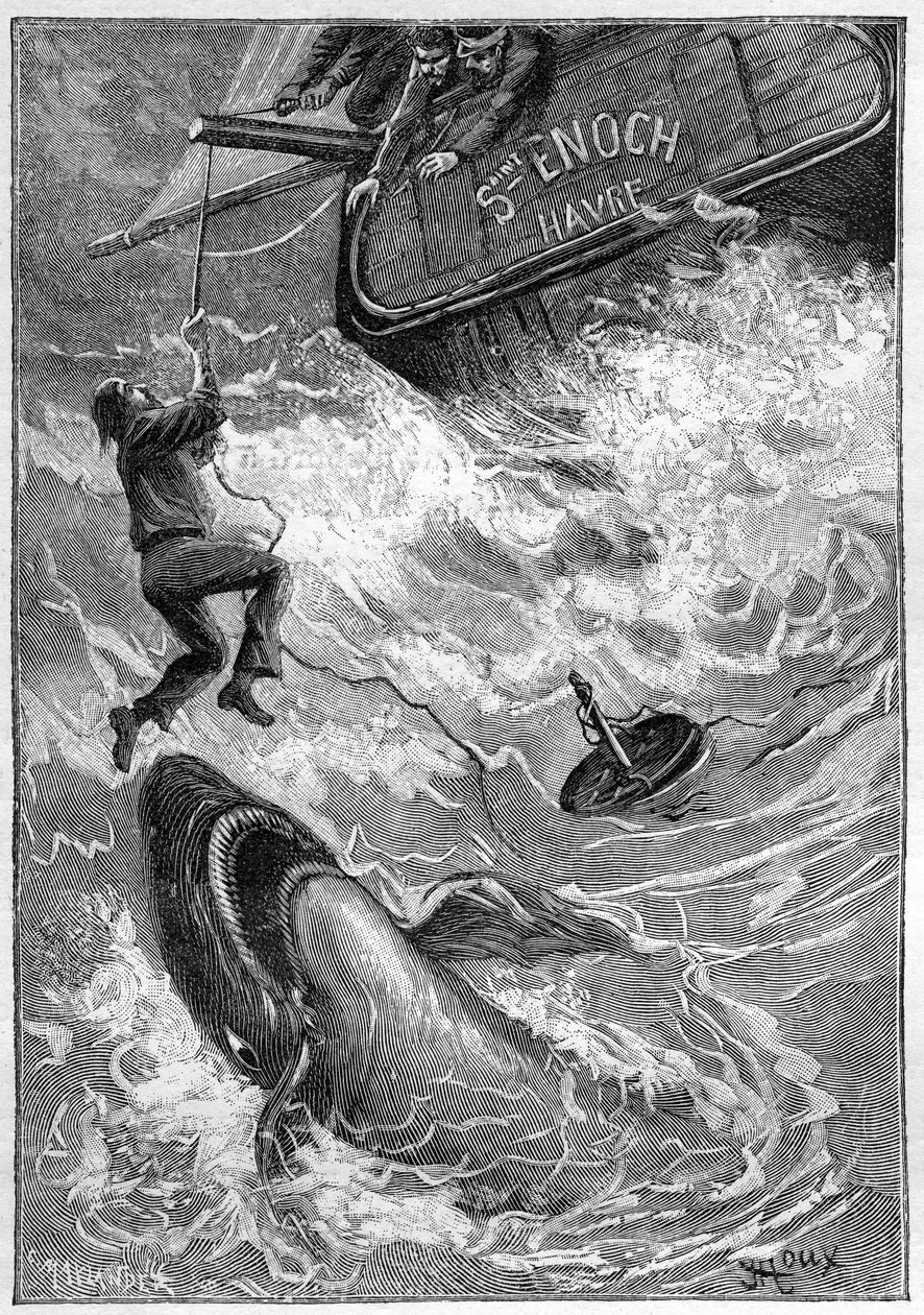 Jules Vernes roman "Les histoires de Jean-Marie Cabidoulin" (1901), Hetzel Collection/Extraordiaires, illustration av George Roux. "Sjöfartsscen: sjöman attackeras av haj i Stilla havet" av George Roux