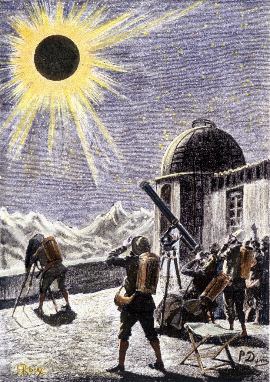 Människor som tittar på förmörkelsen - i "" Les Exiles de la Terre"" av André Laurie, illustration av Georges Roux. Editions Hetzel av George Roux