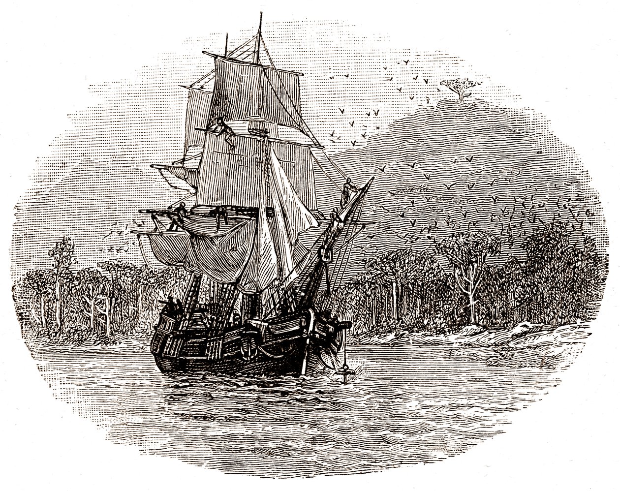 Fartyget Hispaniola kastar ankar utanför ön av George Roux