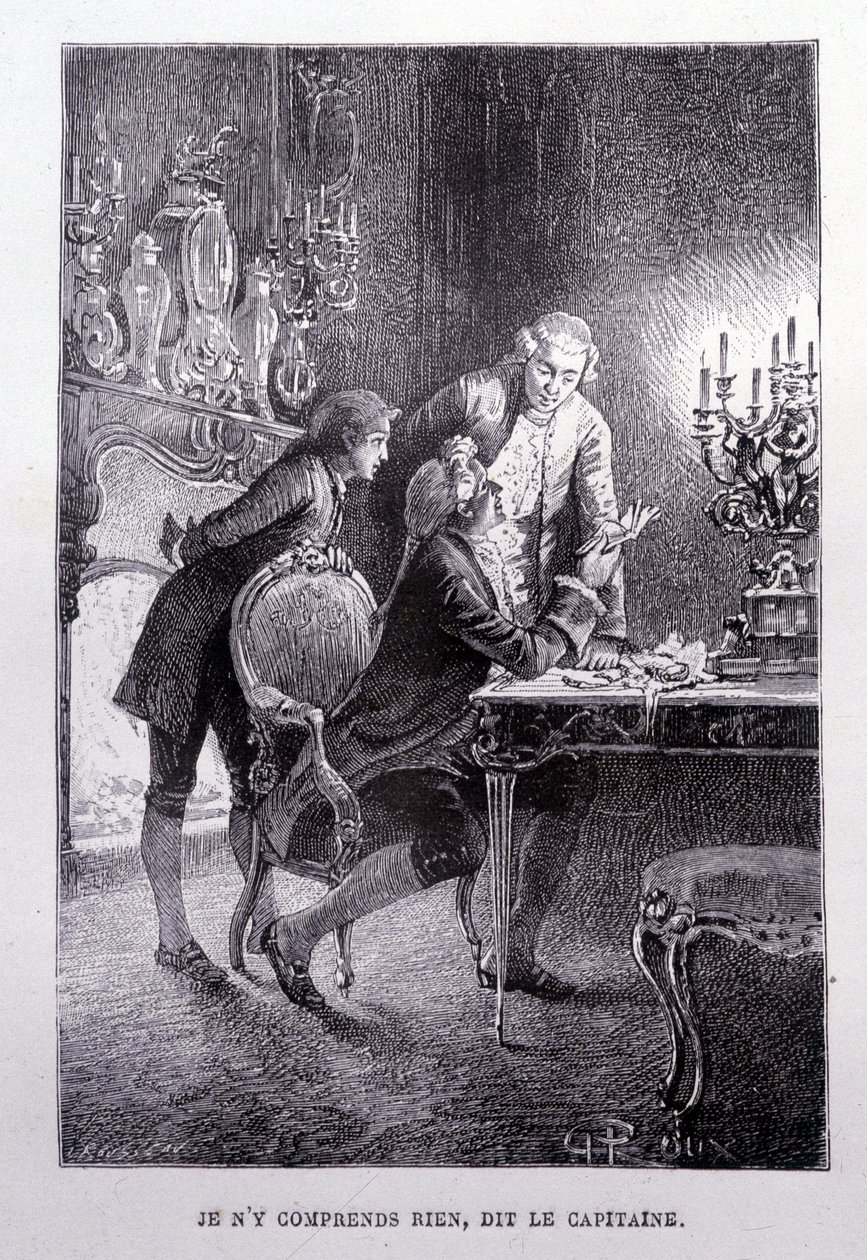 Unga Jim Hawkins, Chevalier Trelawnay och Doctor Livesey försonas i ett vardagsrum - i "L