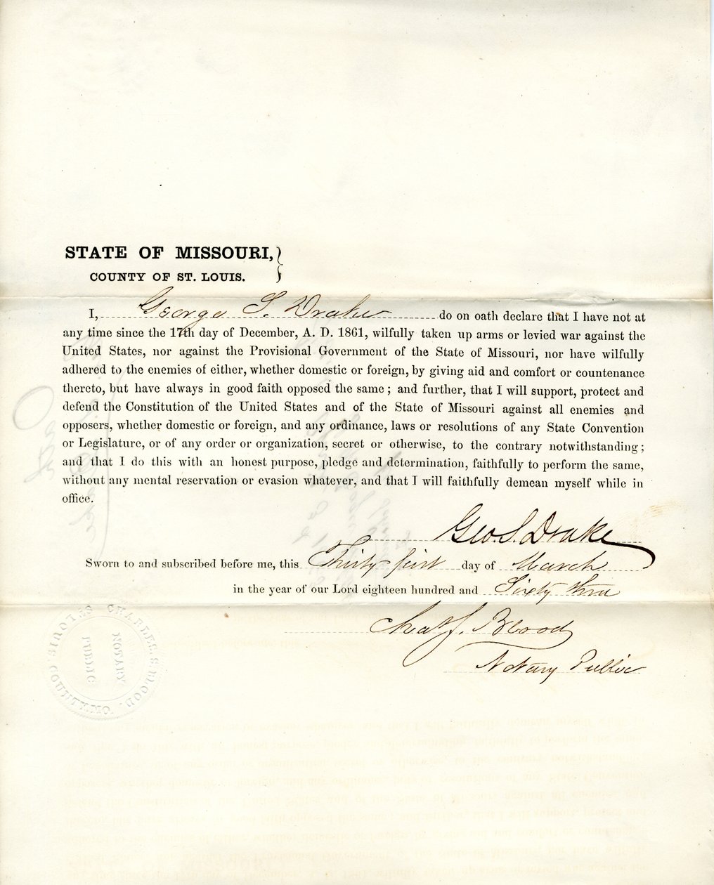 Loyalty oath of George S. Drake of Missouri, County of St. Louis av George S. Drake